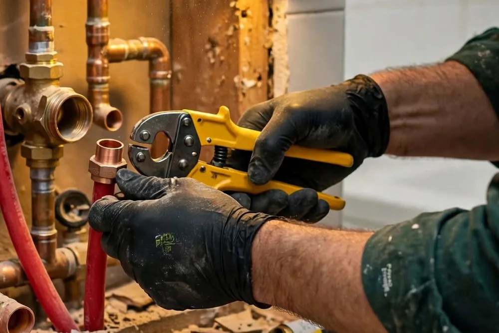 Gloved hands pressing a copper fitting Close view of gloved hands pressing a copper fitting with a yellow tool beside red tubing