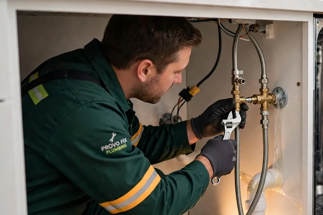 Supply lines connected under a kitchen sink Technician with a wrench connecting braided supply lines and brass valves under a kitchen sink